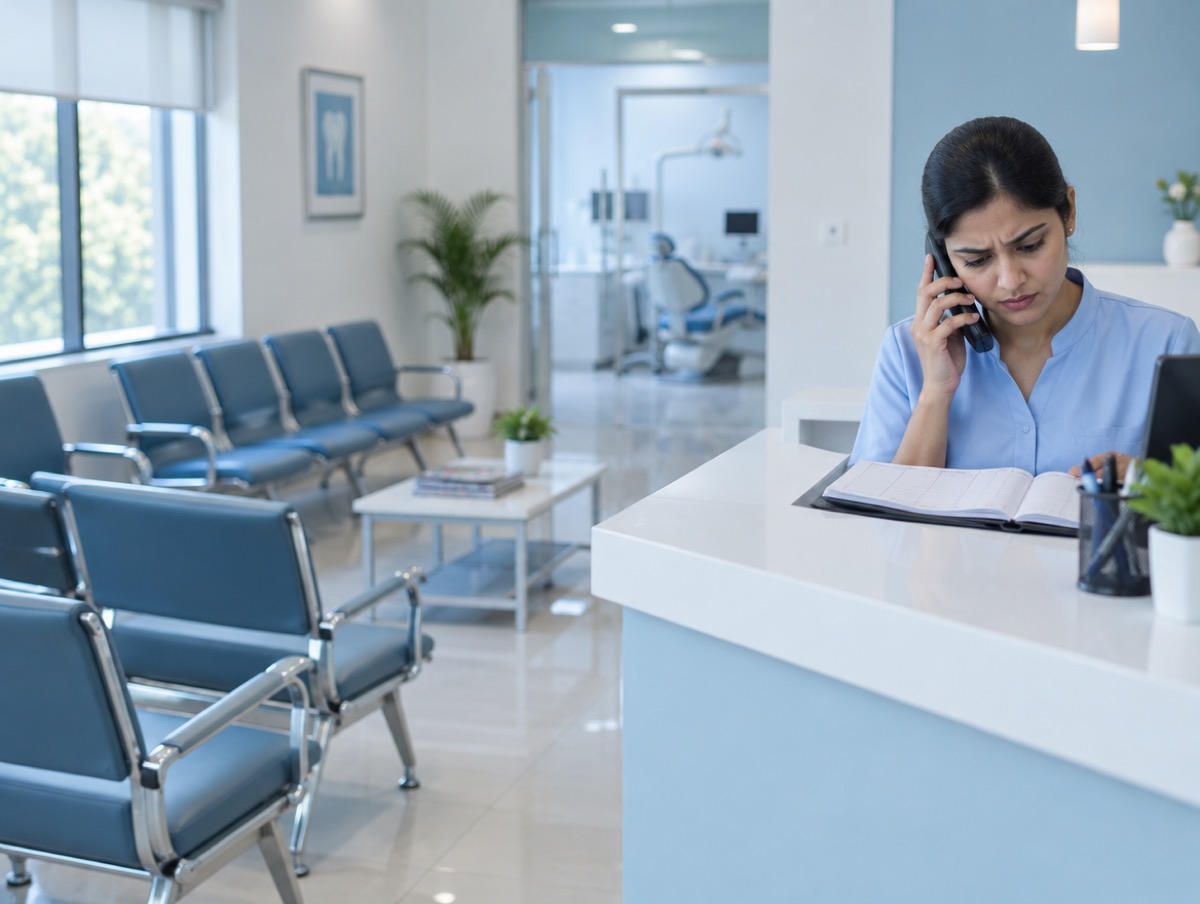 A receptionist in an empty clinic waiting area