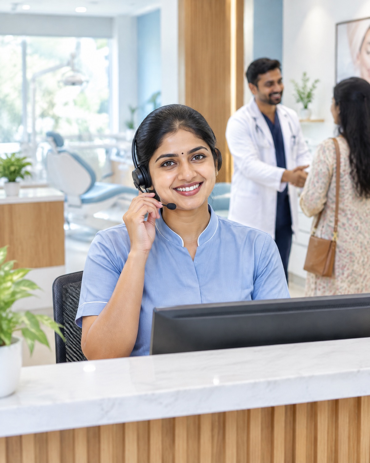A clinic receptionist taking a patient call