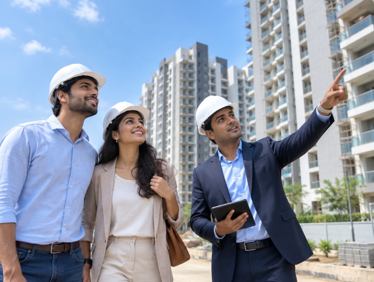 A couple on a site visit with a sales executive